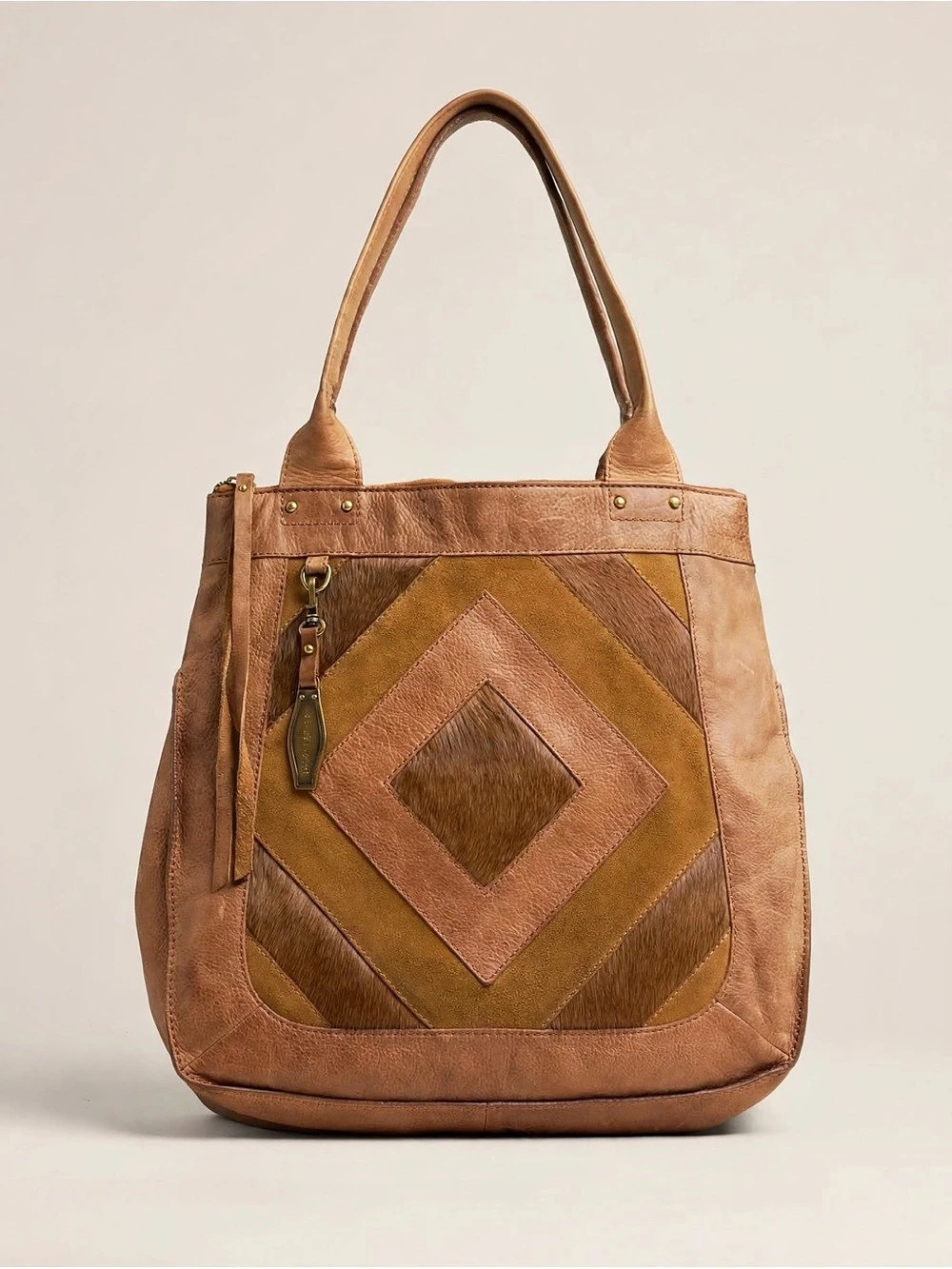 Lucky Brand Alli Patchwork Tote Leather Geometric Tote Brown